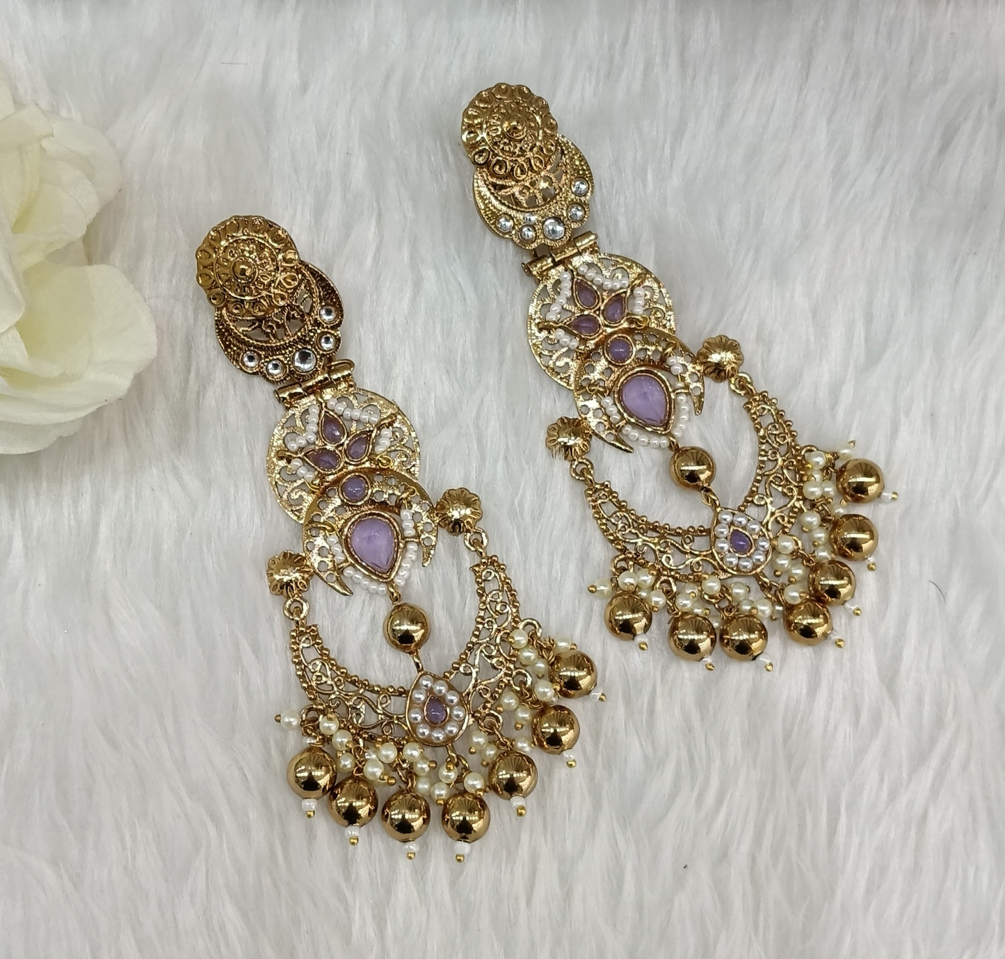 Lavender Kundan Chandbali Indian Bollywood Shon Earrings