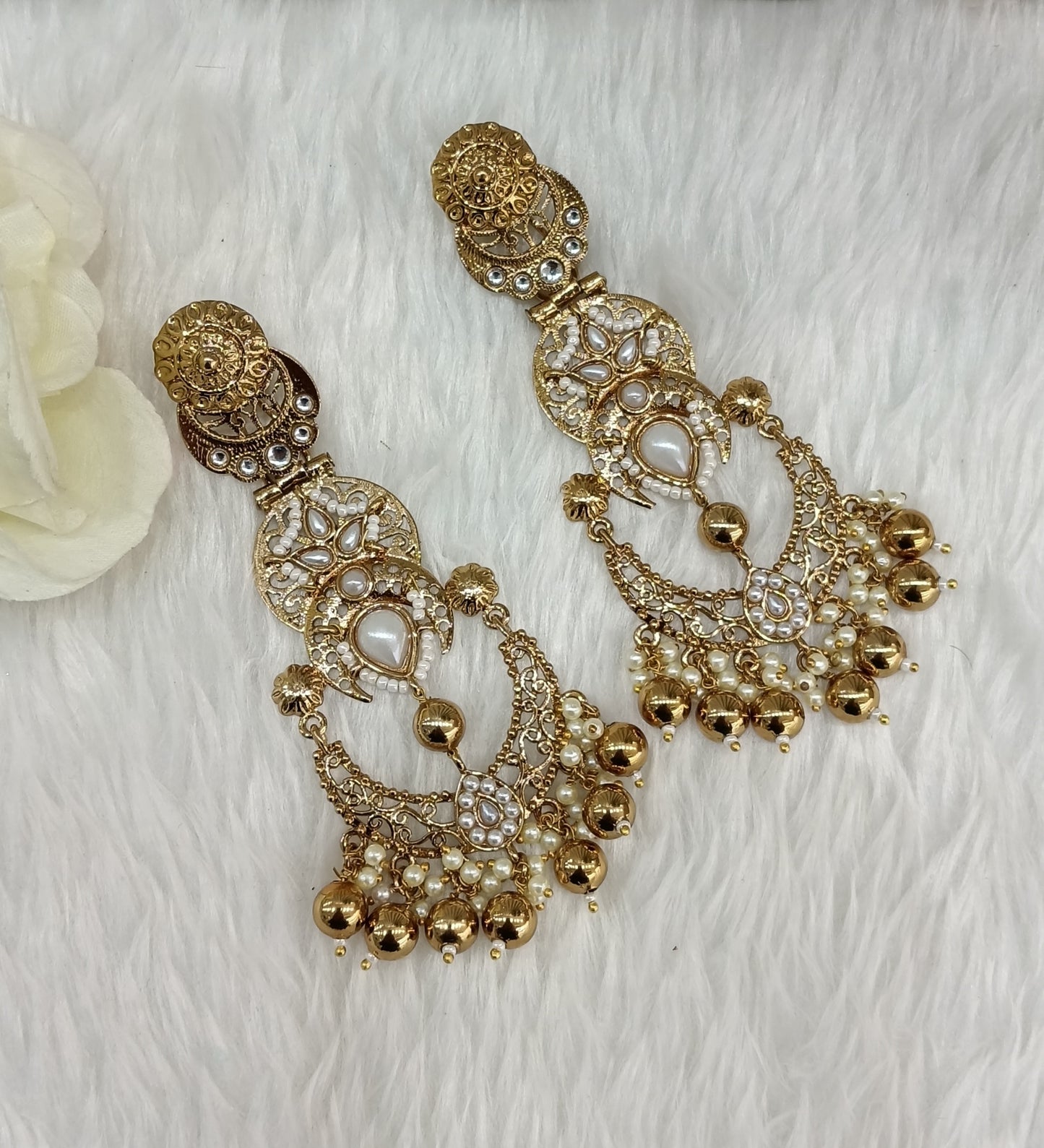 White Kundan Chandbali Indian Bollywood Shon Earrings