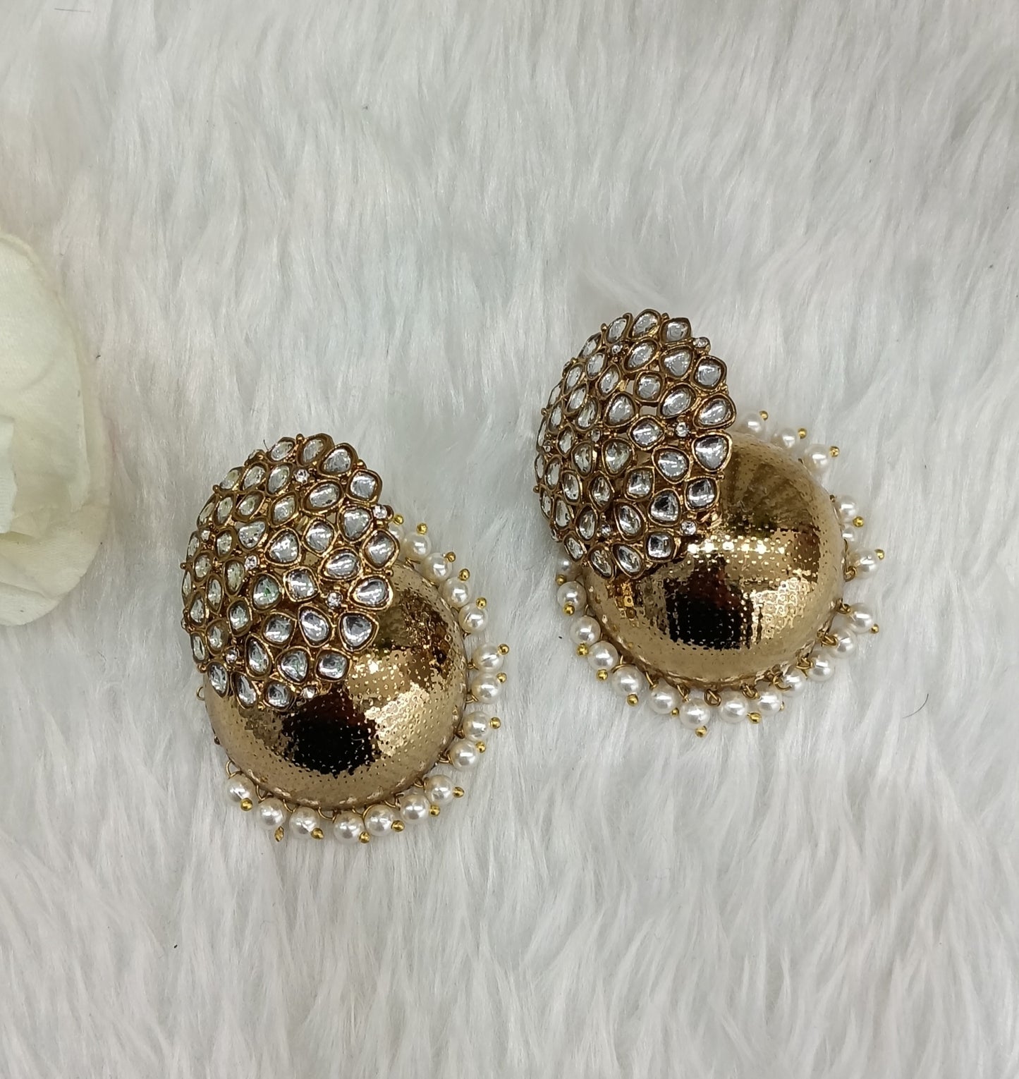 White Gold Kundan Jhumki Indian Bollywood Shon Earrings