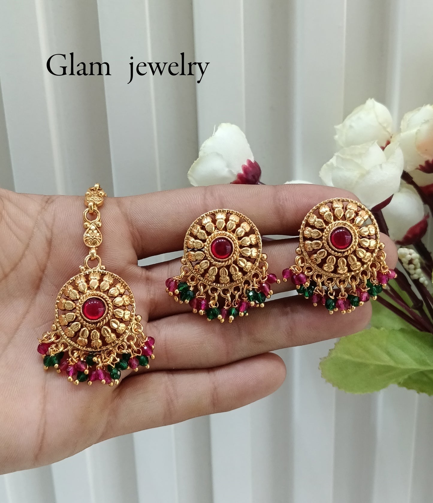 Ruby Green Gold Polki Punjabi Style Earrings and Tikka