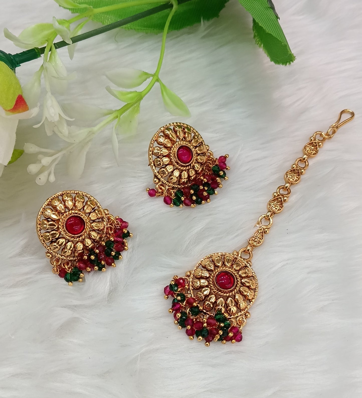 Ruby Green Gold Polki Punjabi Style Earrings and Tikka