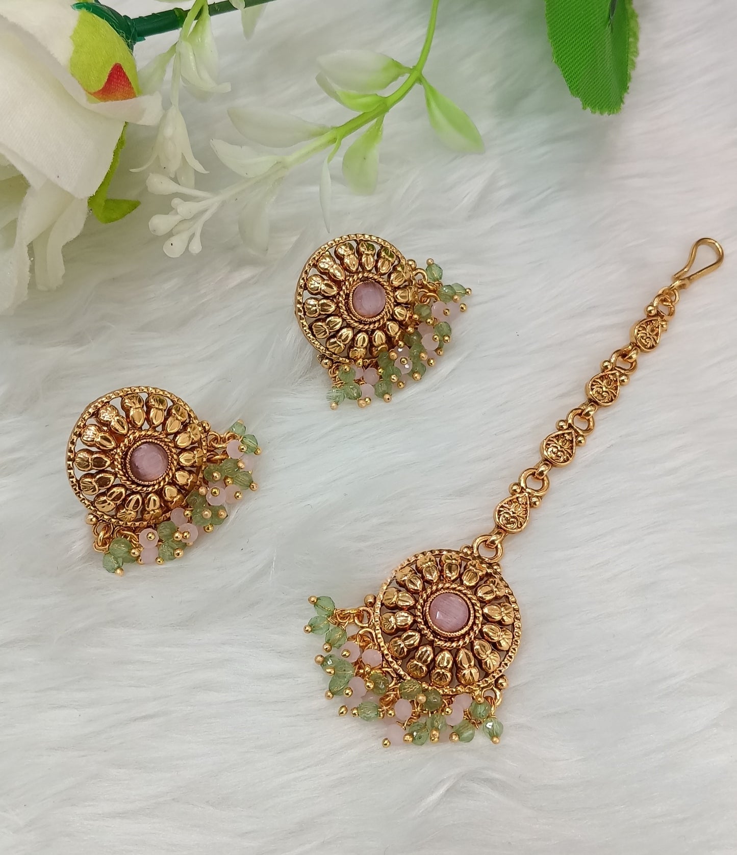 Mint Pink Gold Polki Punjabi Style Earrings and Tikka