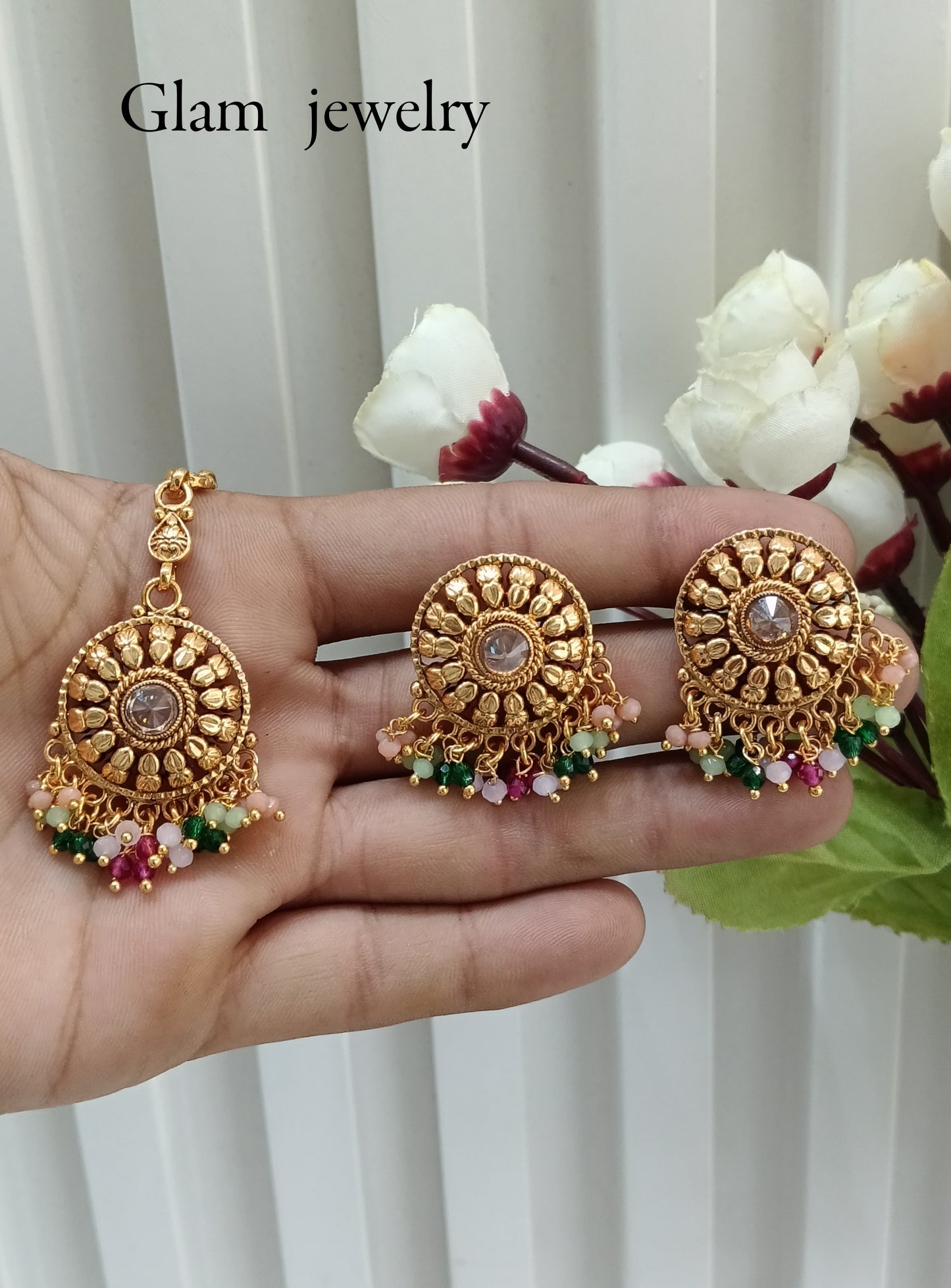 Multi Color Gold Polki Punjabi Style Earrings and Tikka