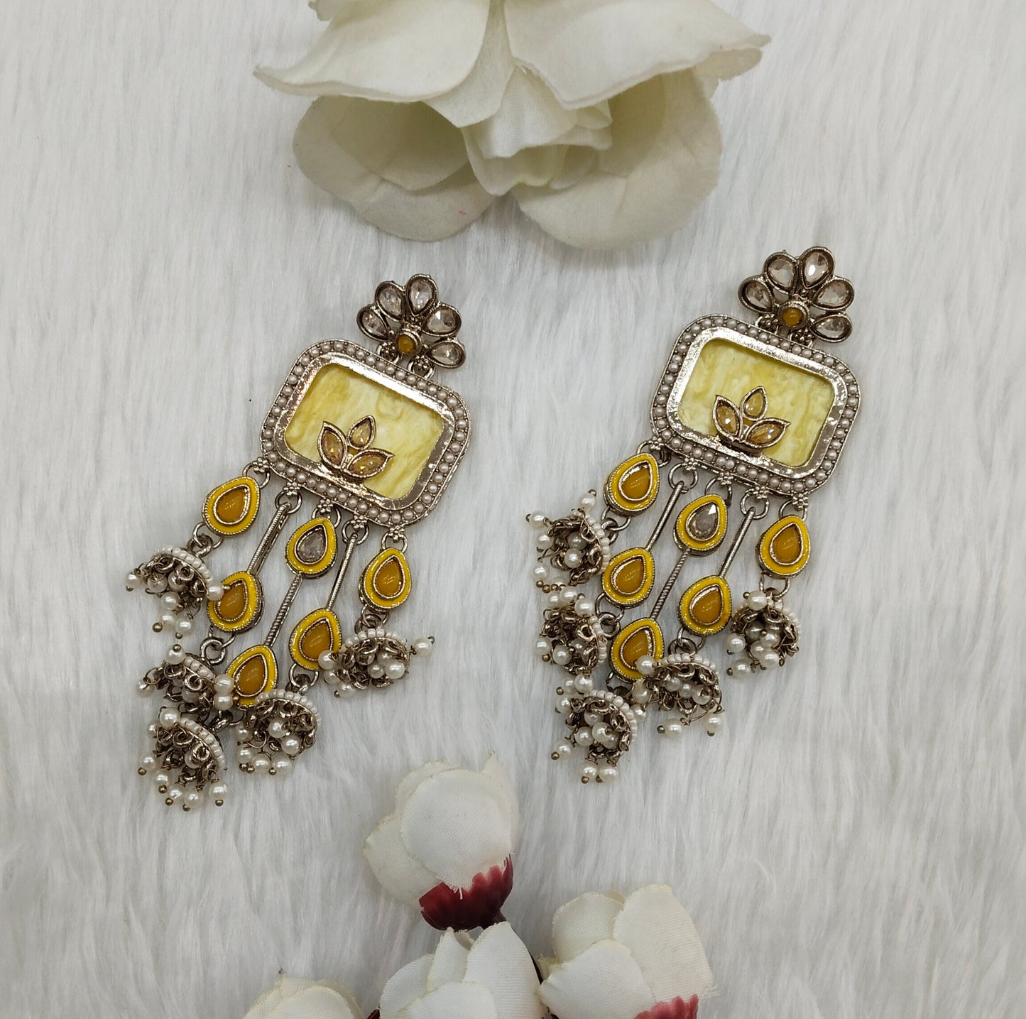 Yellow Antique Gold Bollywood Ravi Indian Earrings