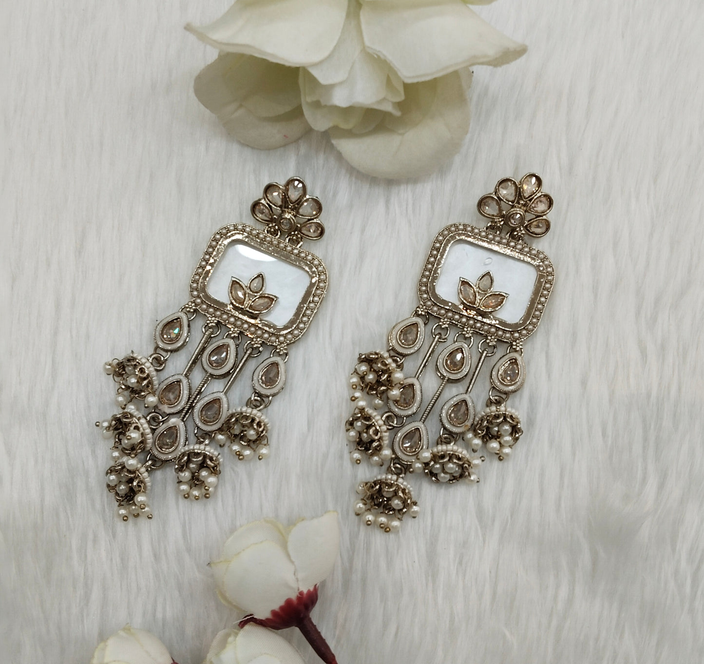White Antique Gold Bollywood Ravi Indian Earrings
