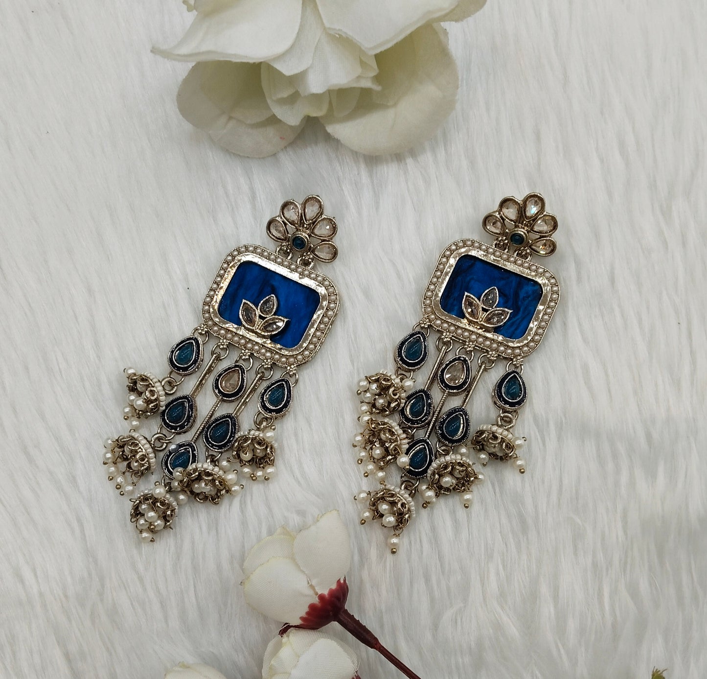 Blue Antique Gold Bollywood Ravi Indian Earrings