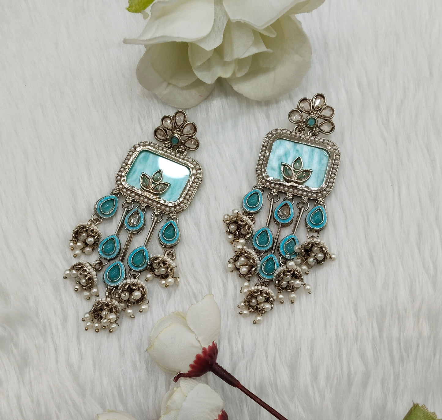 Sky Blue Antique Gold Bollywood Ravi Indian Earrings
