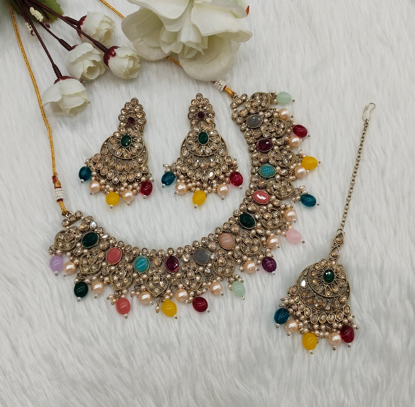 Multi Color Antique Gold Necklace Indian Jewellery Rasha Set