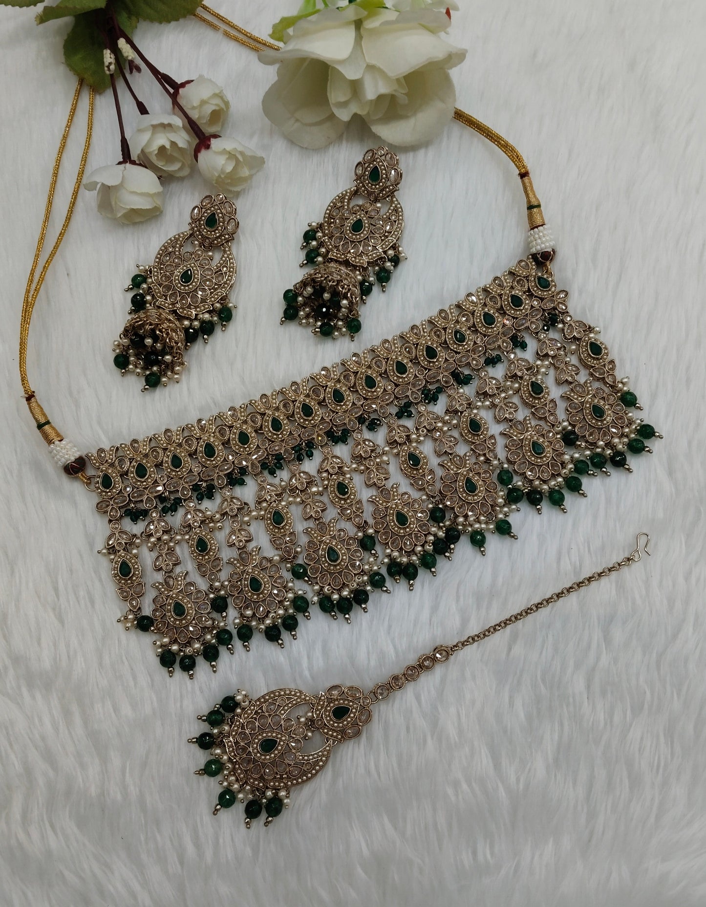 Green Antique Gold Choker Indian Jewellery Morha Set