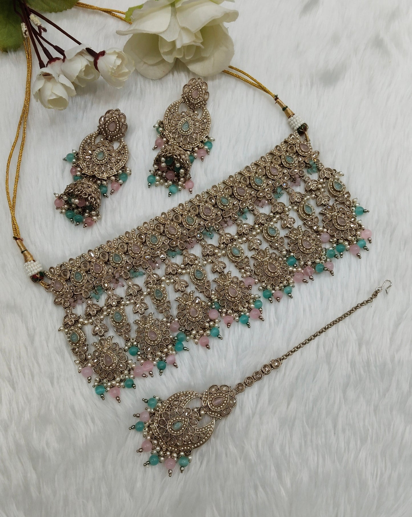 Mint Pink Antique Gold Choker Indian Jewellery Morha Set
