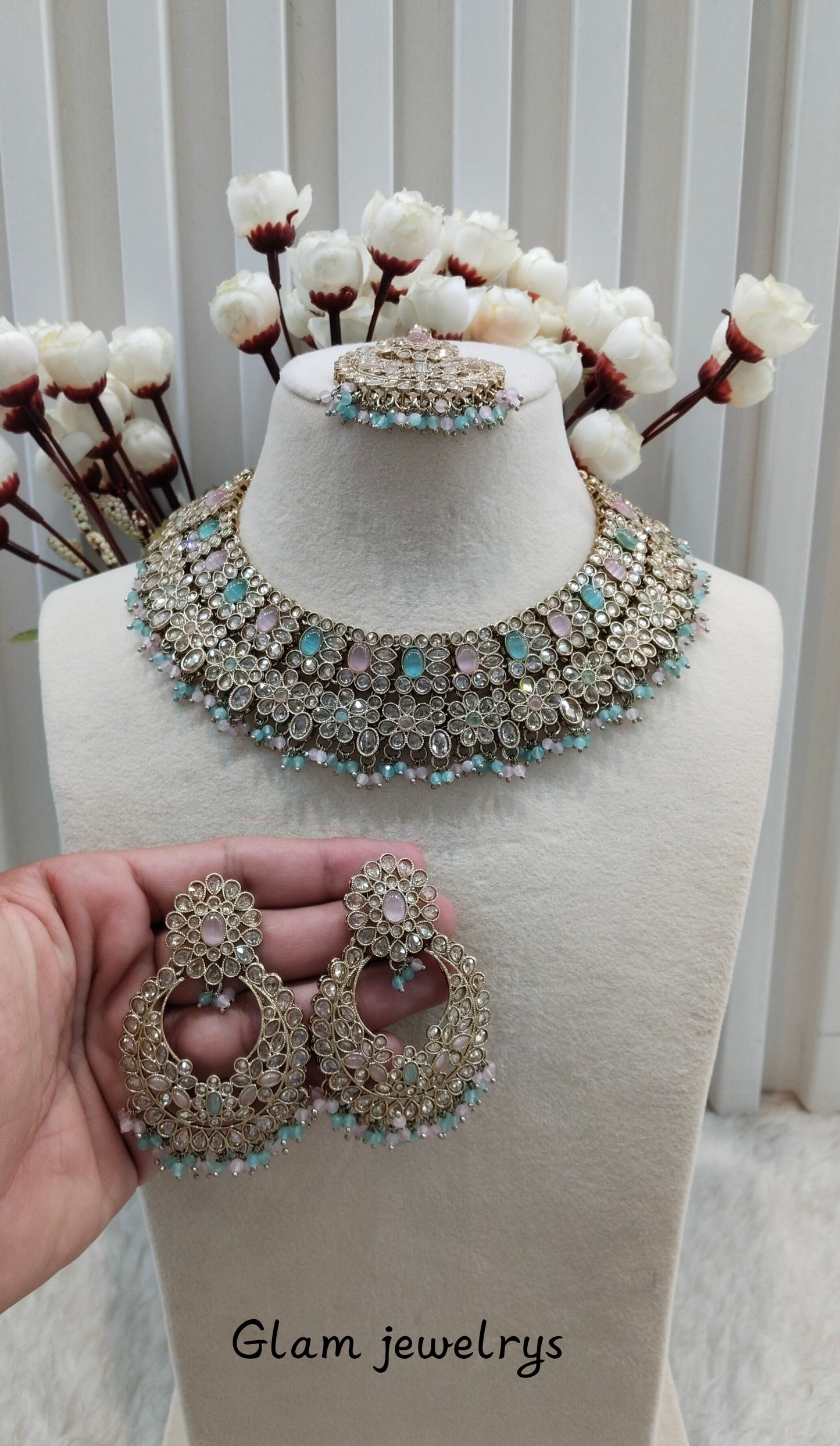 Mint Pink Antique Gold Necklace Indian Jewellery Gopi Set