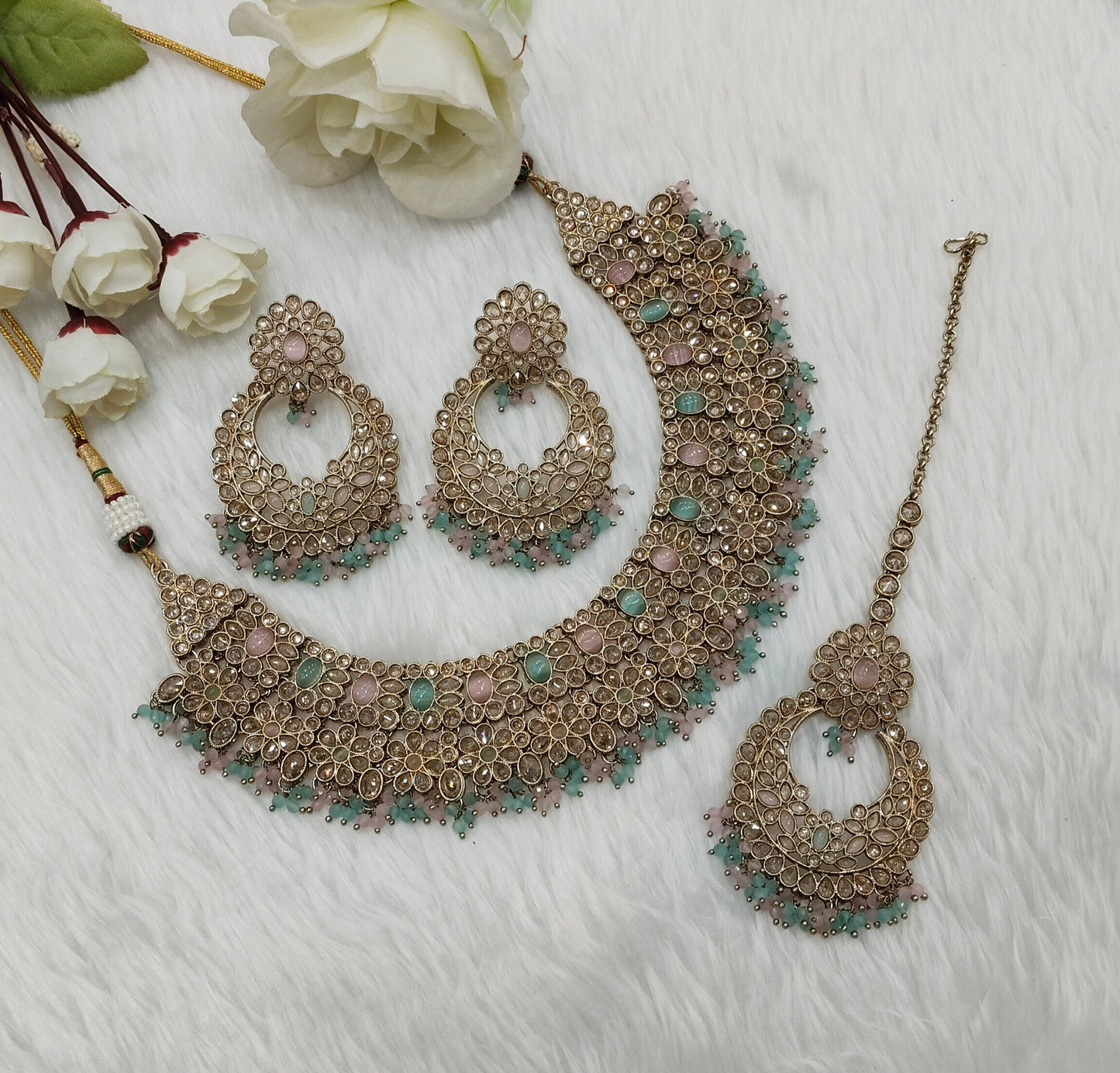 Mint Pink Antique Gold Necklace Indian Jewellery Gopi Set