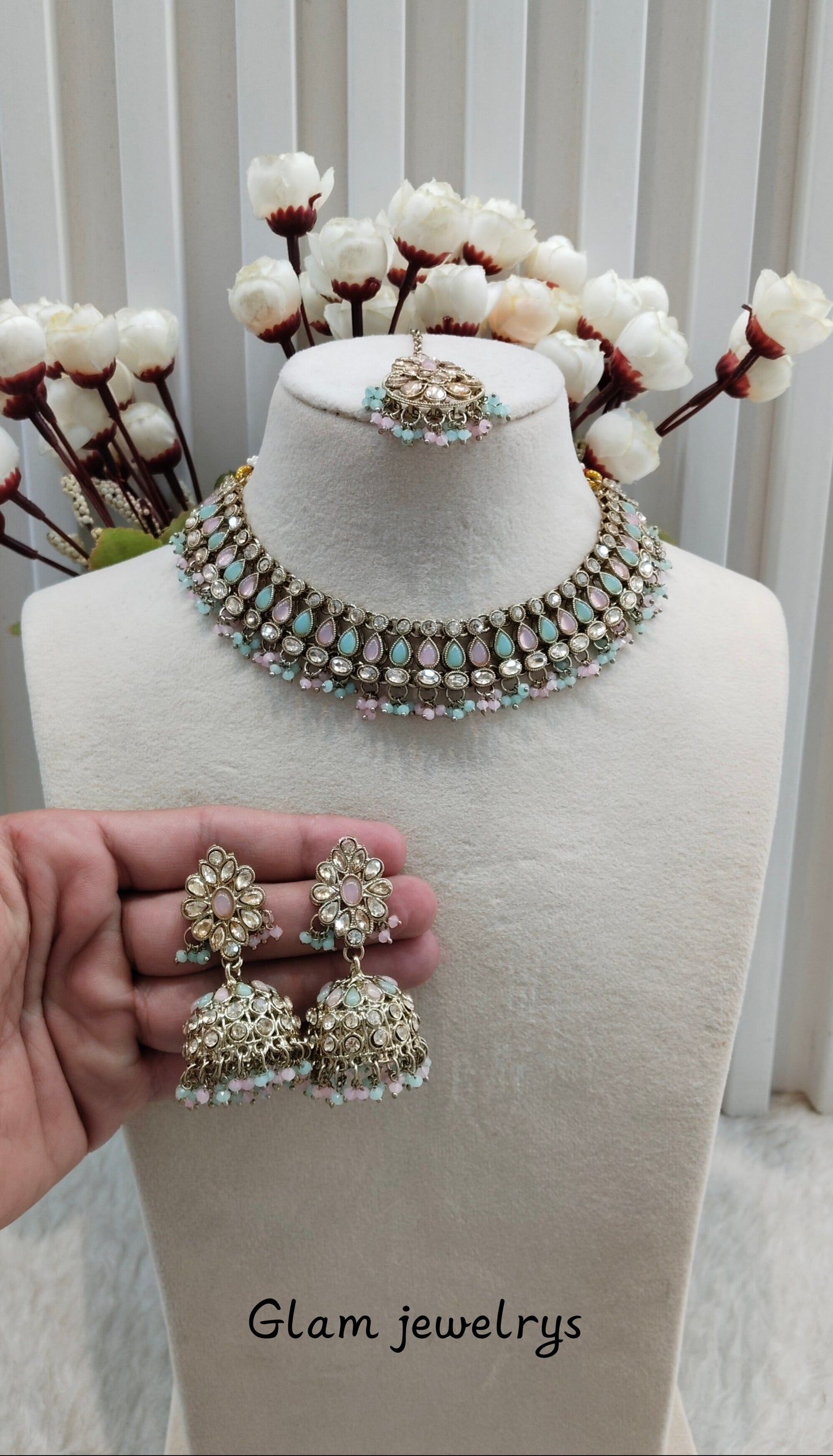 Mint Pink Antique Gold Necklace Indian Jewellery Gora Set
