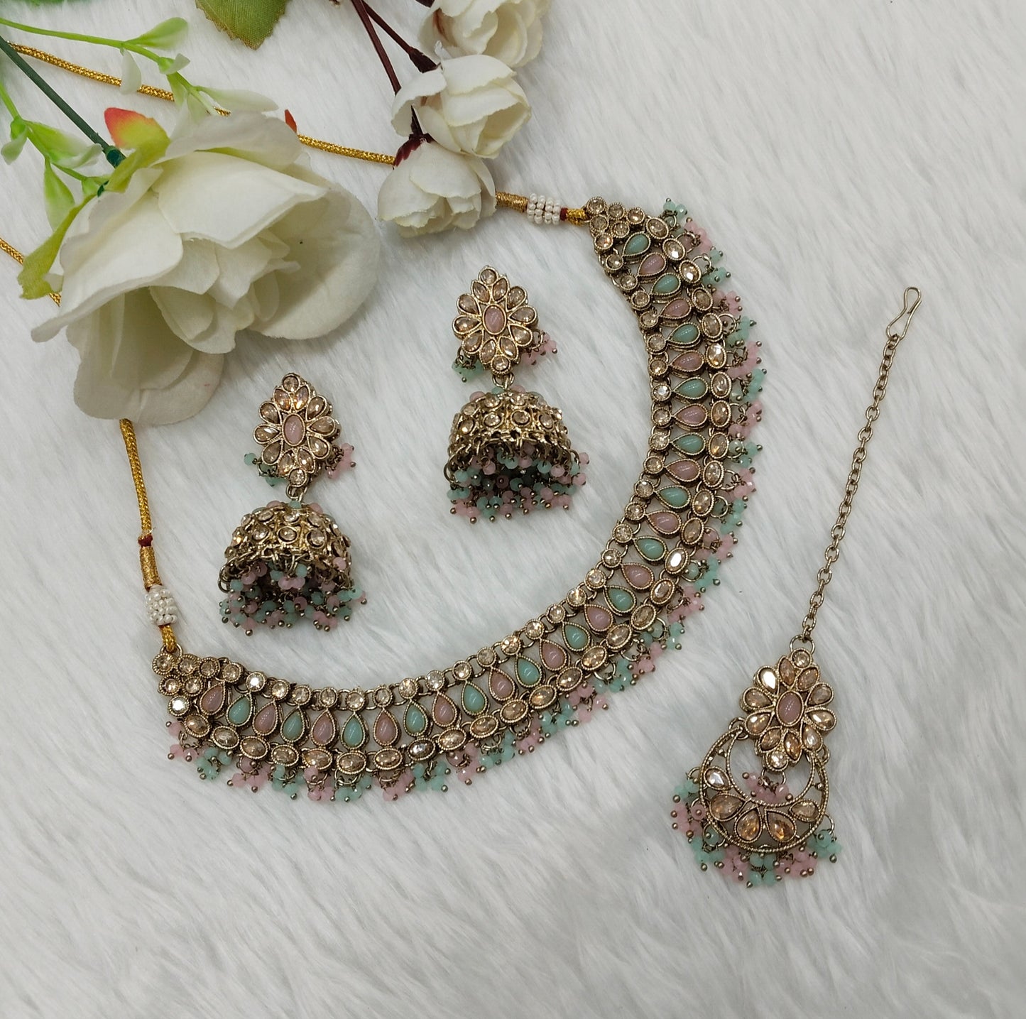 Mint Pink Antique Gold Necklace Indian Jewellery Gora Set
