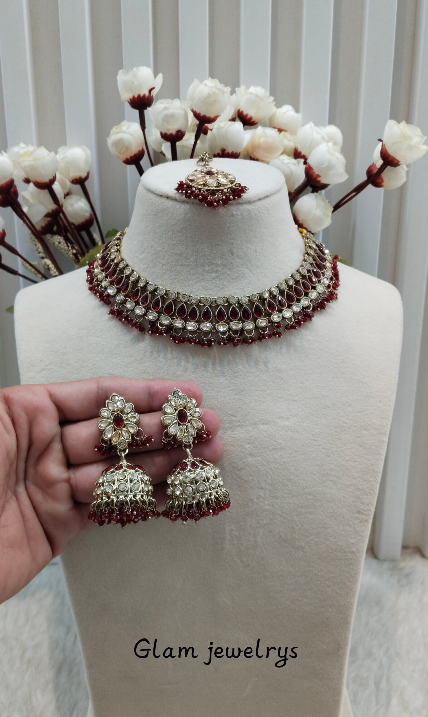 Maroon Antique Gold Necklace Indian Jewellery Gora Set