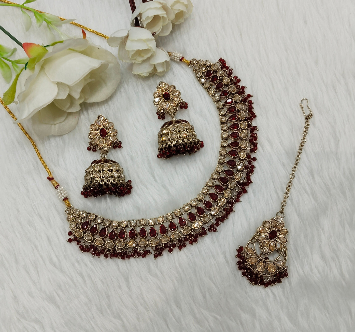Maroon Antique Gold Necklace Indian Jewellery Gora Set