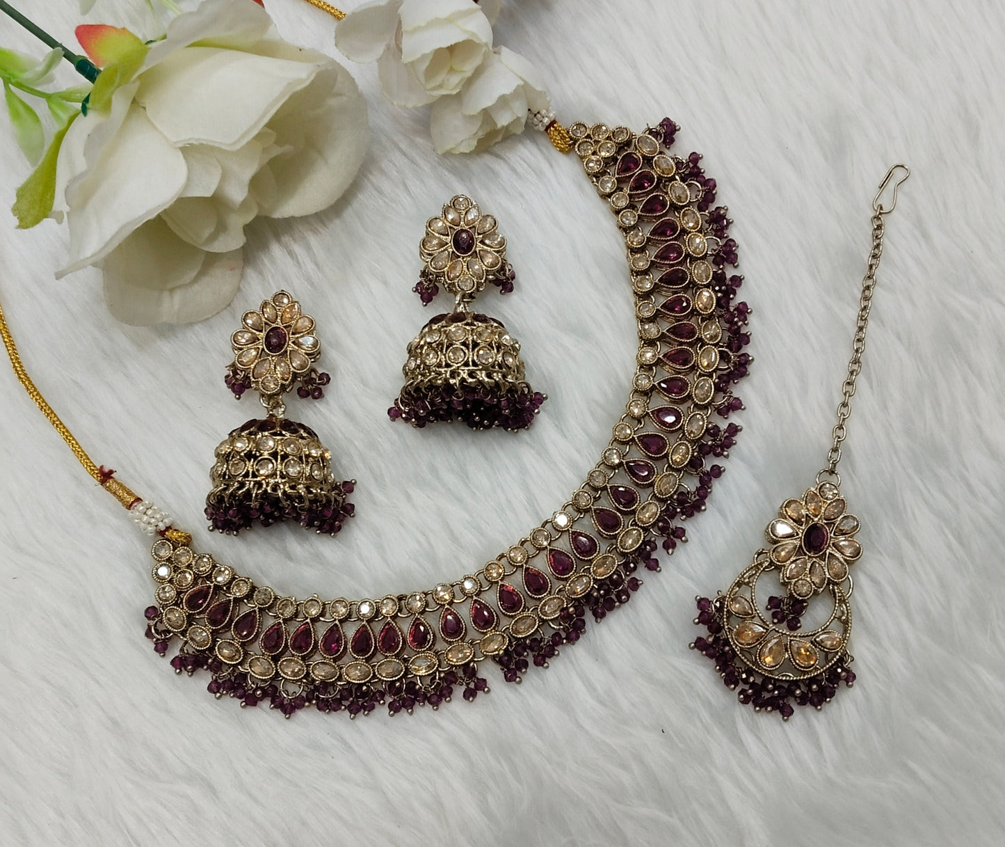 Purple Antique Gold Necklace Indian Jewellery Gora Set