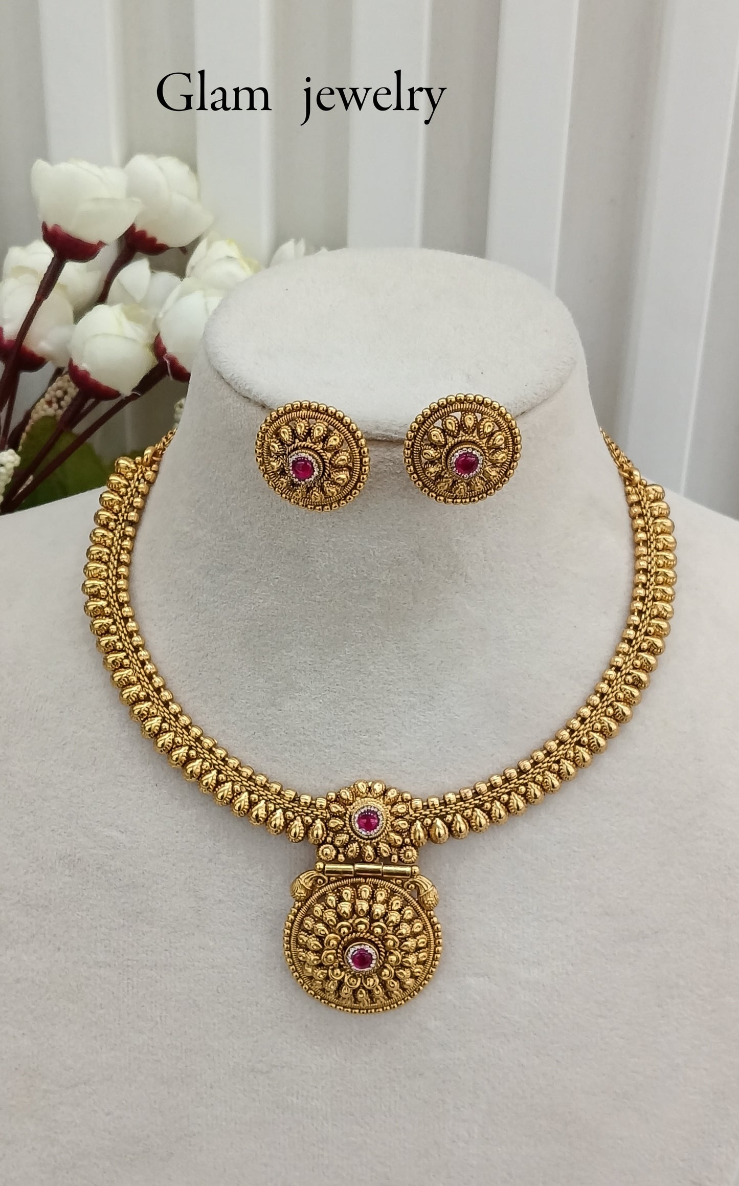 Ruby Gold Polki Necklace Indian Jewellery Harf Set