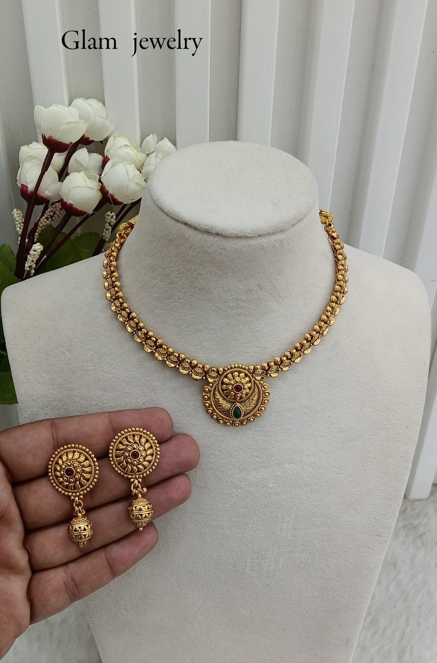 Ruby Green Gold Polki Necklace Indian Jewellery Harf Set