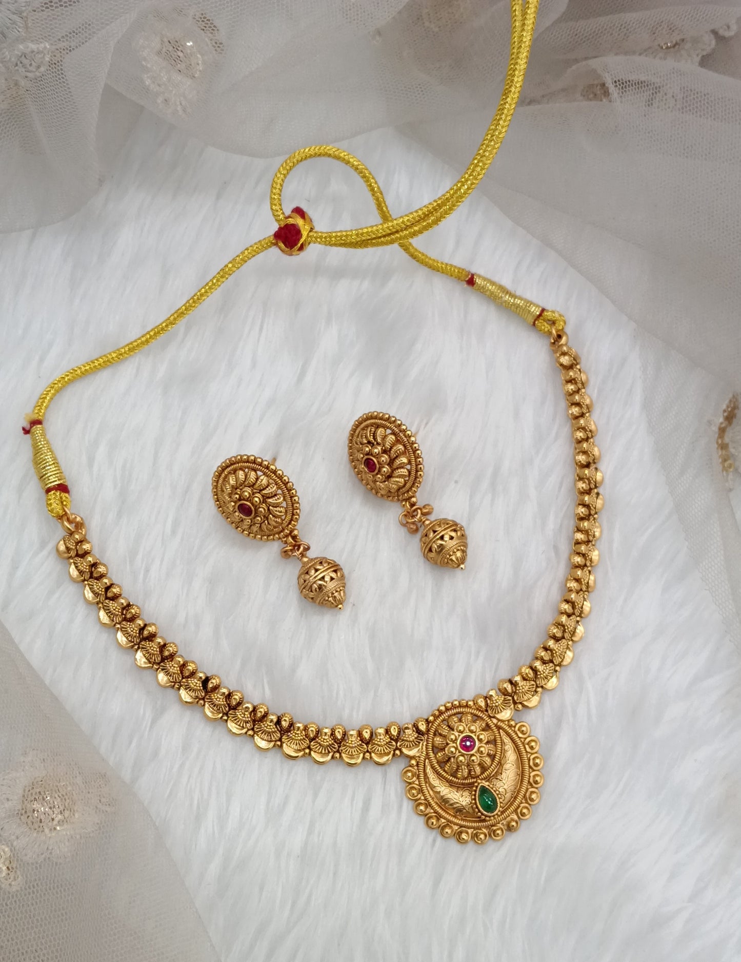 Ruby Green Gold Polki Necklace Indian Jewellery Harf Set