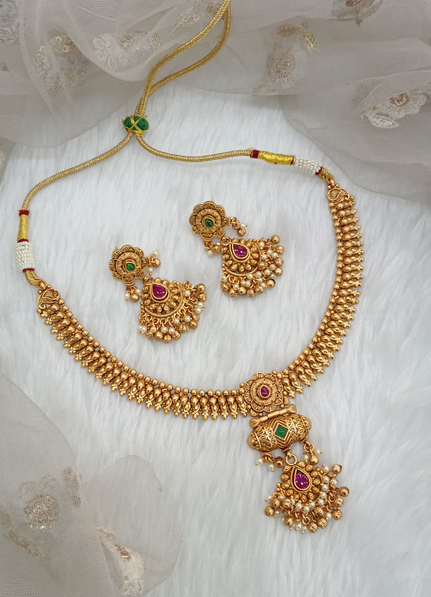 Ruby Green Gold Polki Necklace Indian Jewellery Harf Set