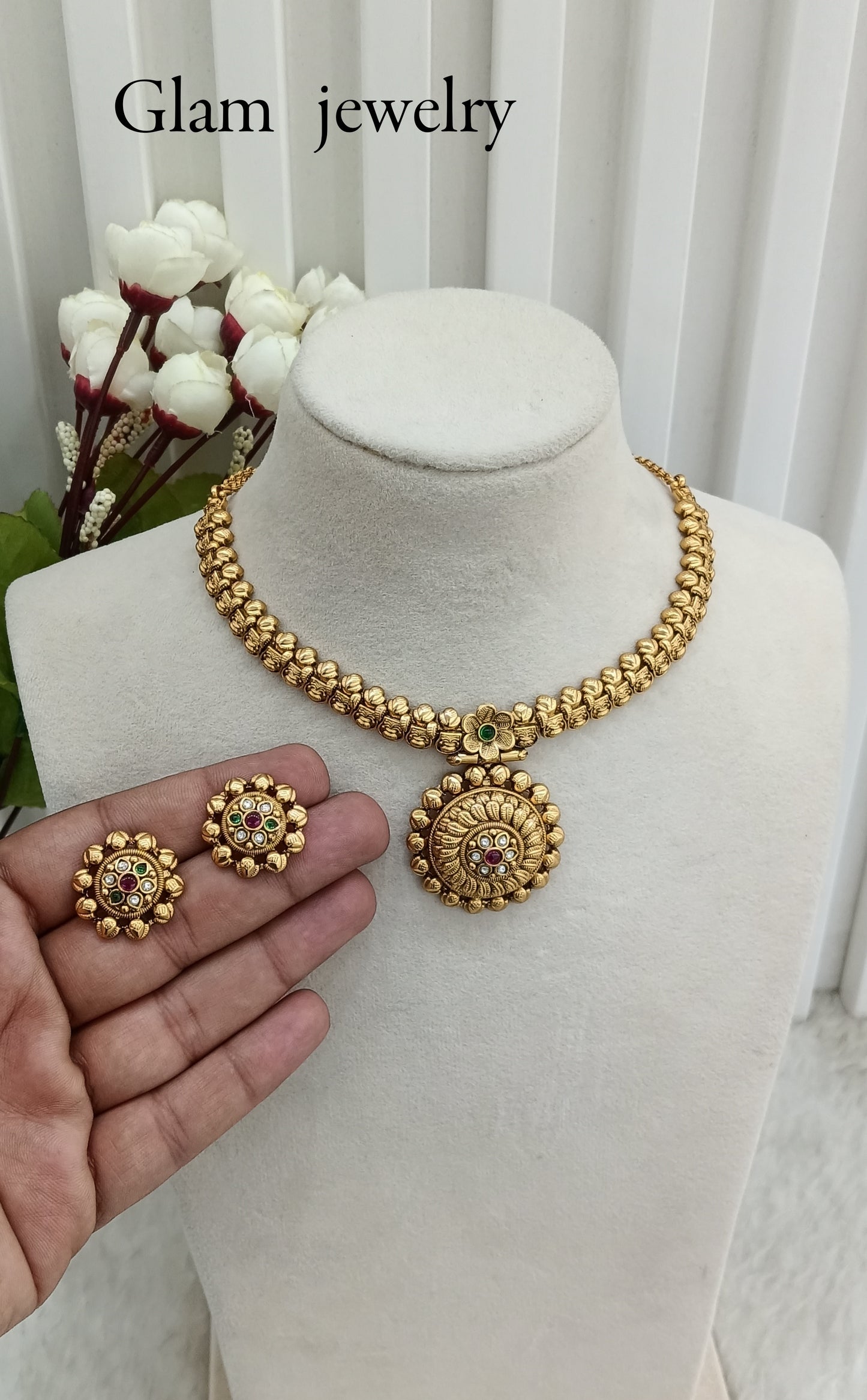 Ruby Green Gold Polki Necklace Indian Jewellery Harf Set