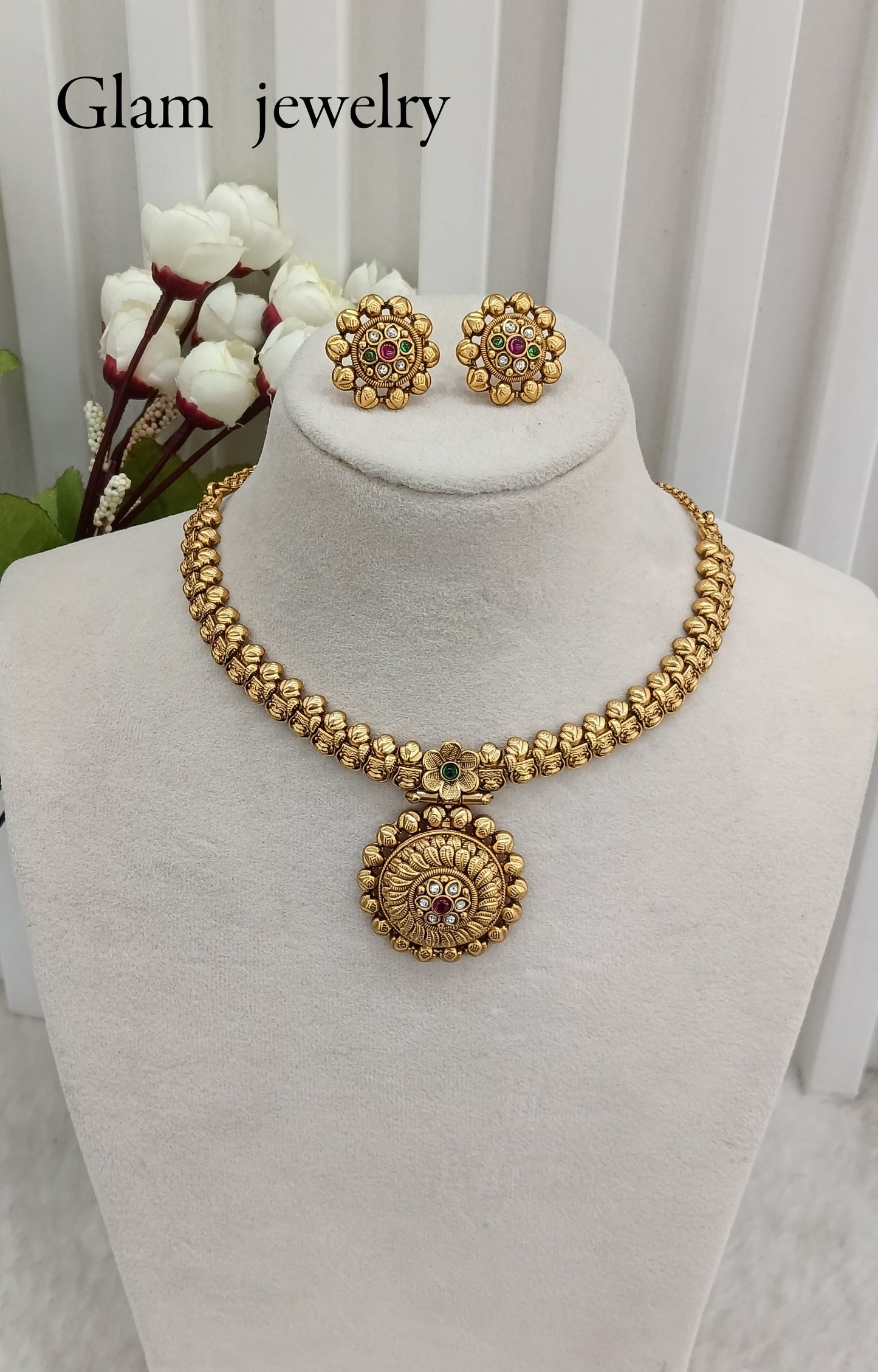 Ruby Green Gold Polki Necklace Indian Jewellery Harf Set