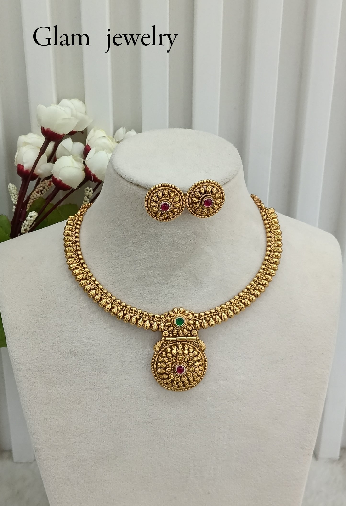 Ruby Green Gold Polki Necklace Indian Jewellery Harf Set