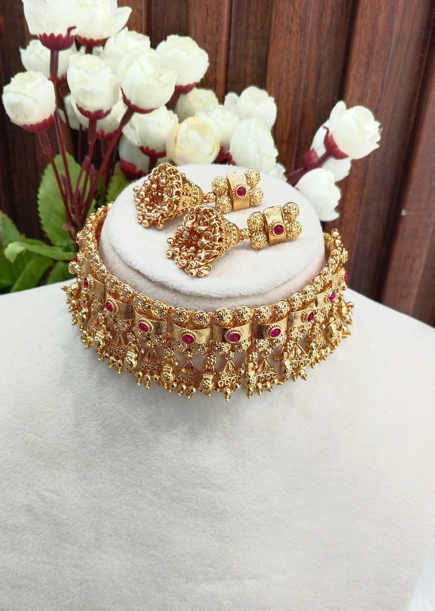 Ruby Polki Jhumki Choker Indian Jewellery Agam Set