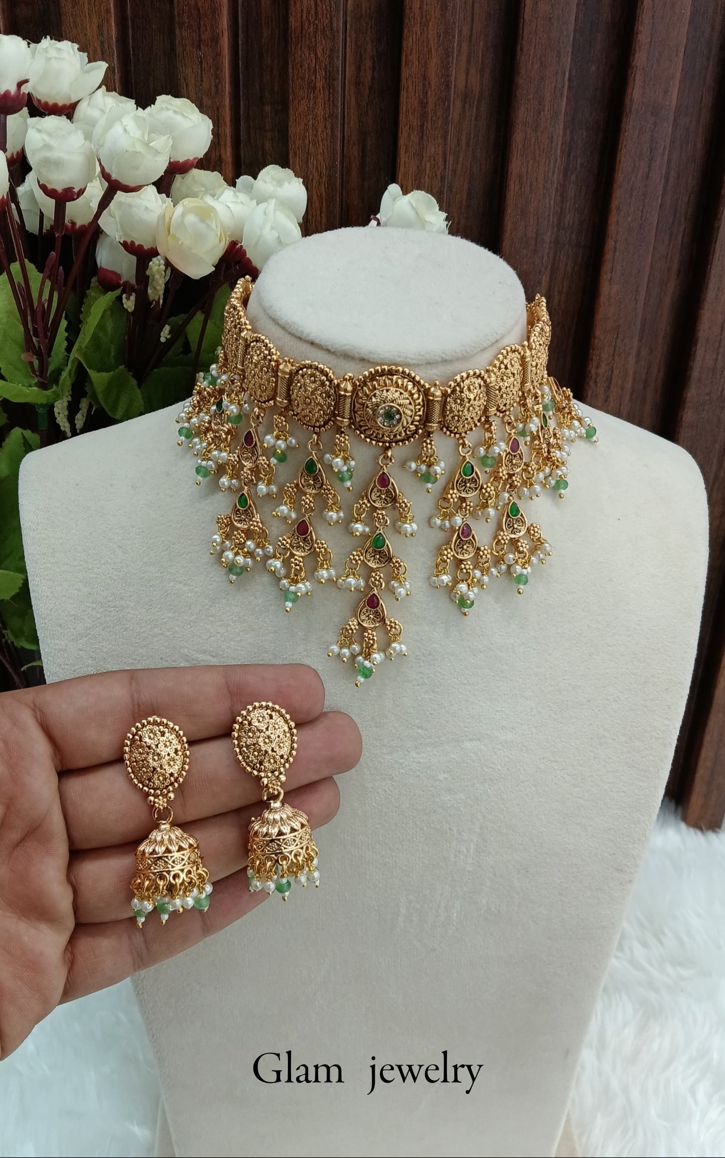 Ruby Green Gold Polki Jhumki Choker Indian Jewellery Agam Set