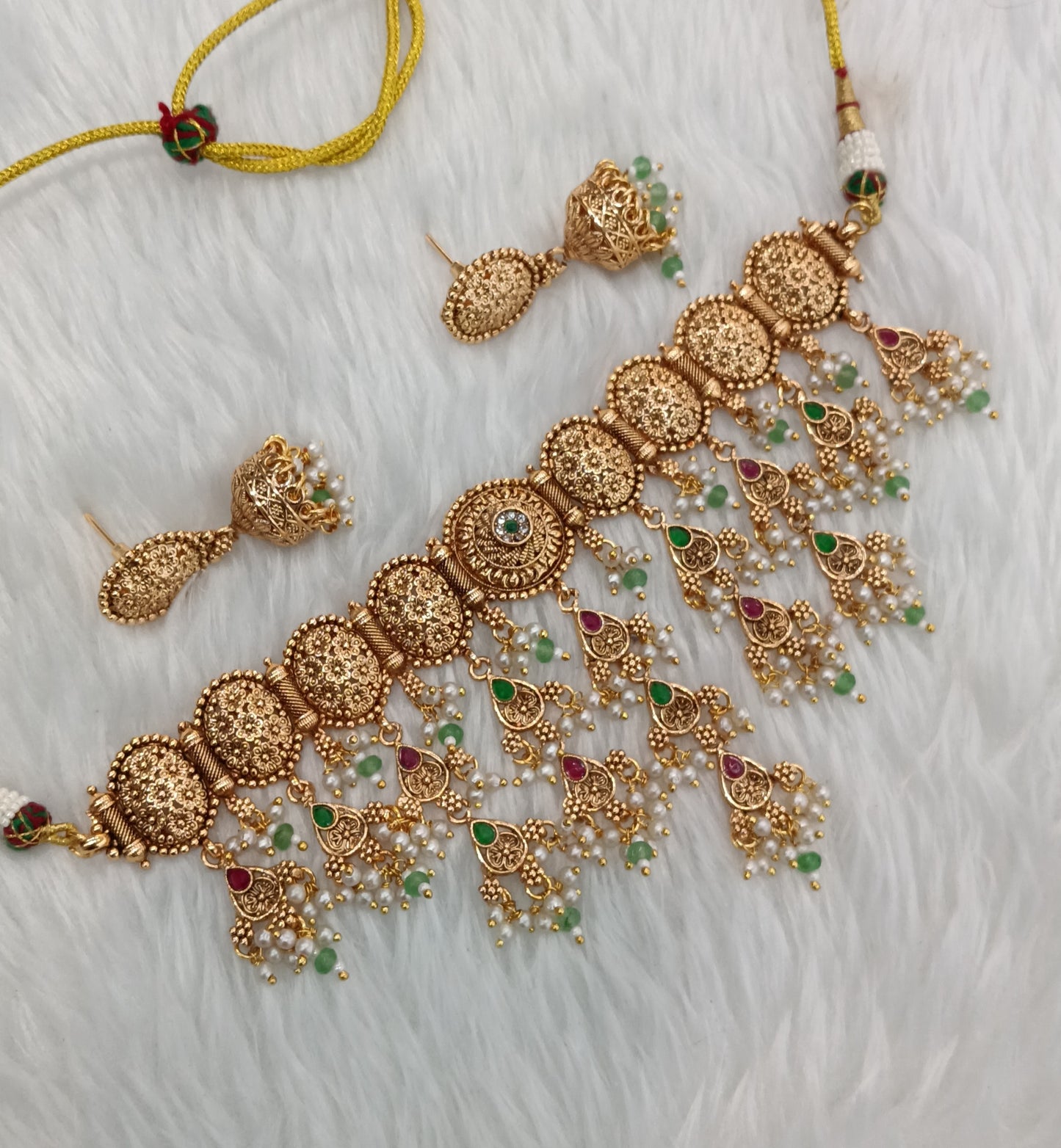 Ruby Green Gold Polki Jhumki Choker Indian Jewellery Agam Set