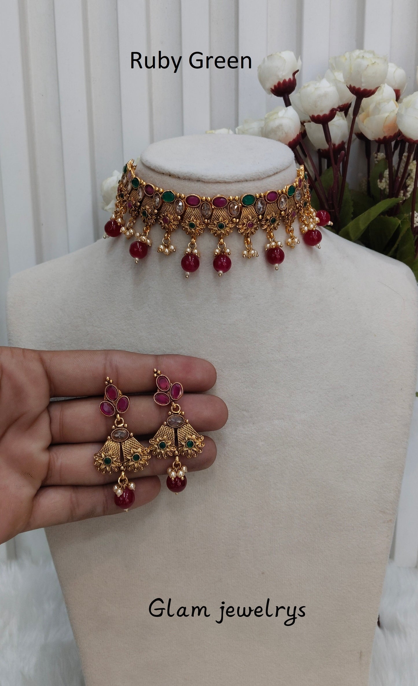 Ruby Green Gold Polki Choker Indian Jewellery Bobo Set