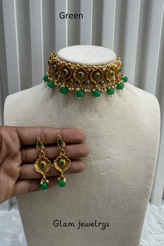Green Gold Polki Choker Indian Jewellery Bobo Set
