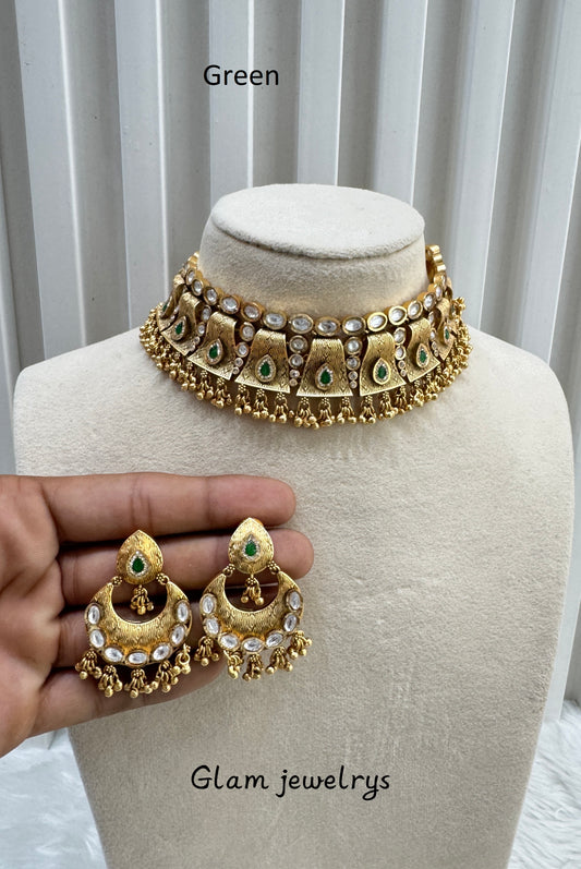 Green Gold Polki Choker Indian Jewellery Bobo Set