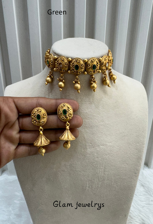 Green Gold Polki Jhumki Choker Indian Jewellery Bobo Set