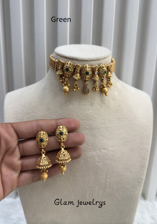 Green Gold Polki Choker Jhumki Indian Jewellery Bobo Set