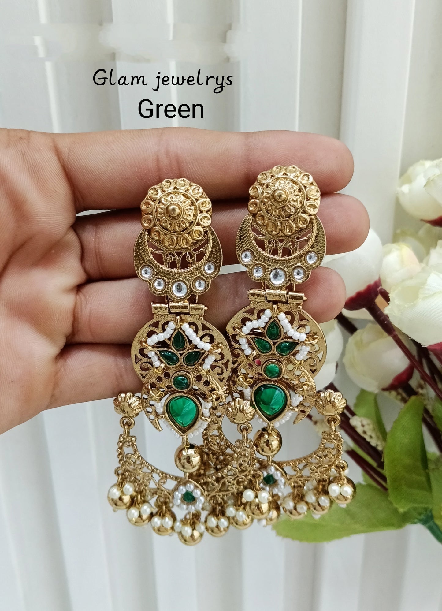 Green Kundan Chandbali Indian Bollywood Shon Earrings