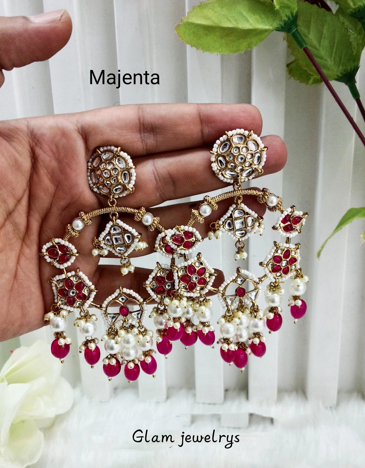 Dark Pink Kundan Bollywood Indian Pargat Earrings