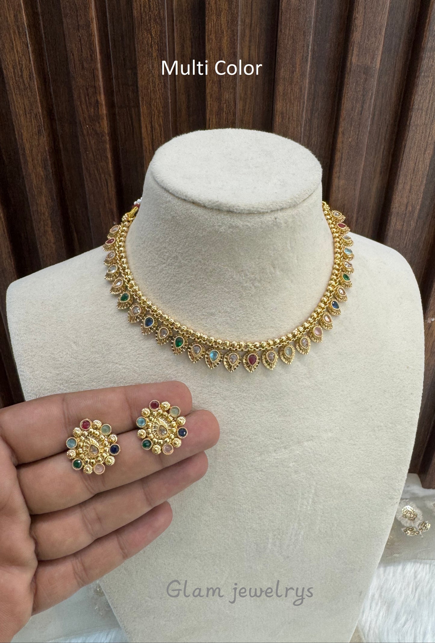 Multi Color Gold Polki Necklace Indian Jewellery Pawan Set