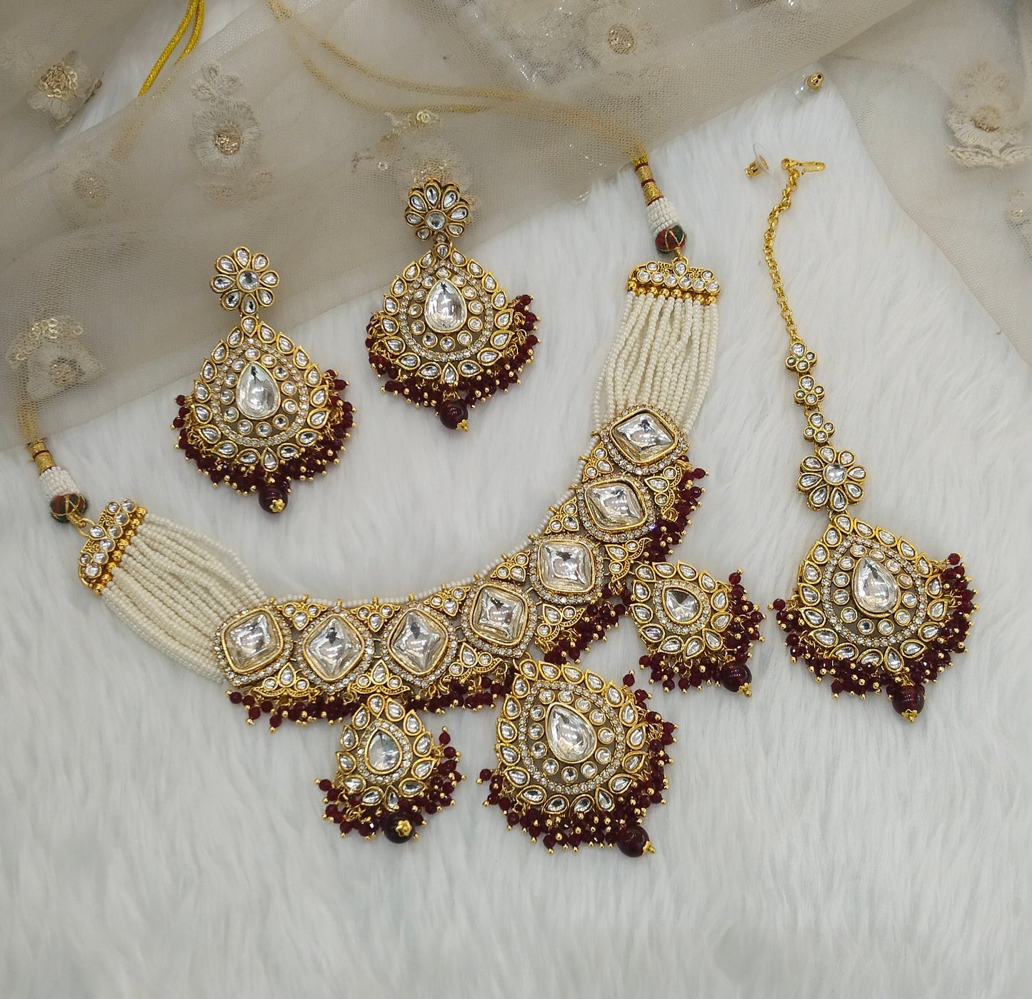 Maroon Kundan Necklace Jewellery Rose Set