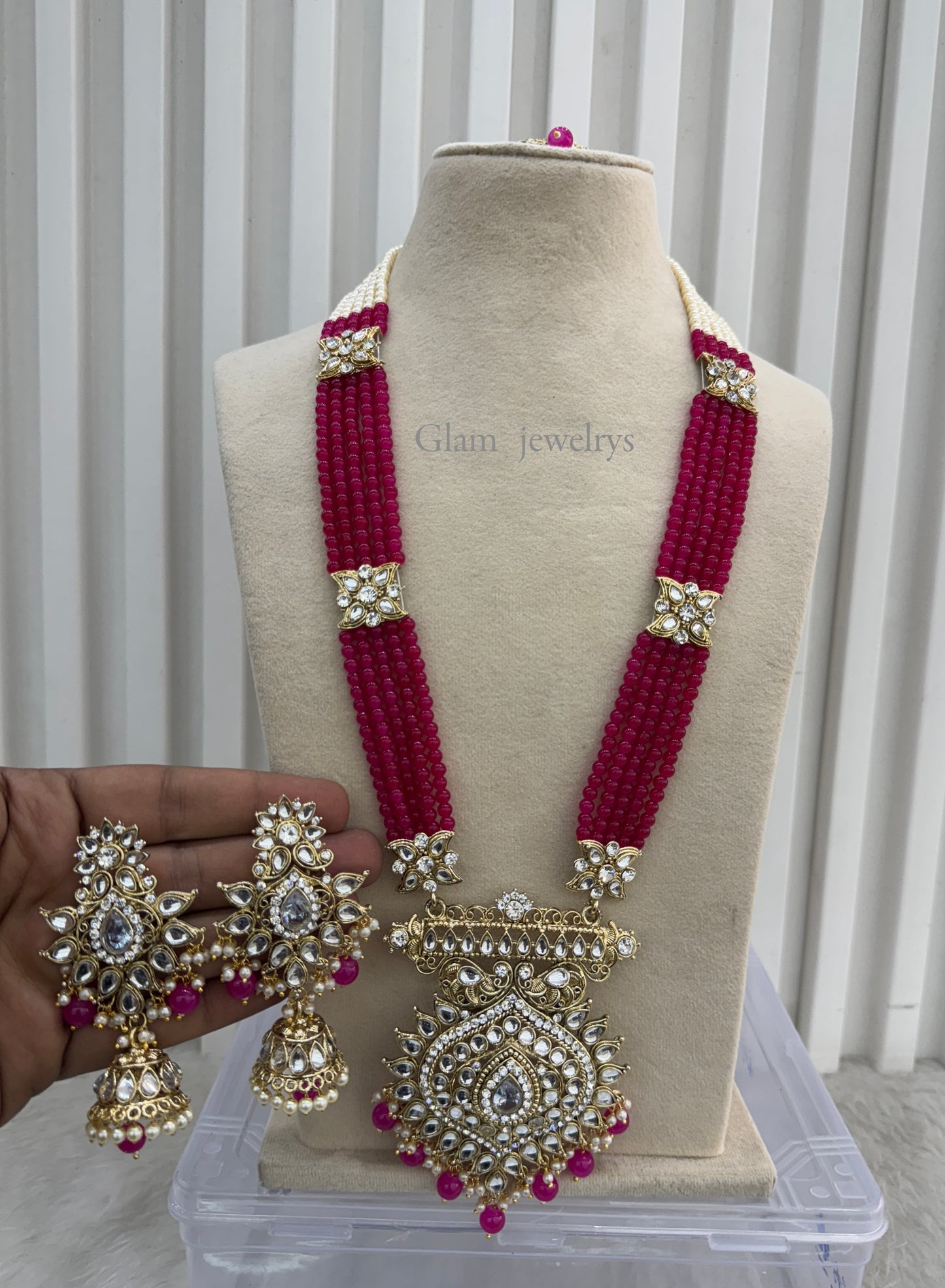 Dark Pink Gold Kundan Long Rani Haar Necklace Indian Jewellery Rekha Set