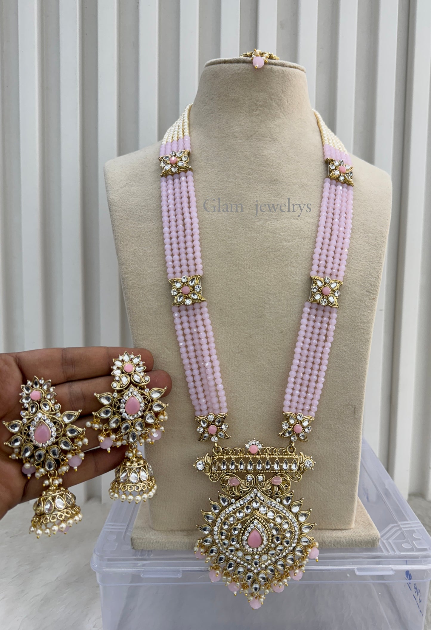 Pink Gold Kundan Long Rani Haar Necklace Indian Jewellery Set