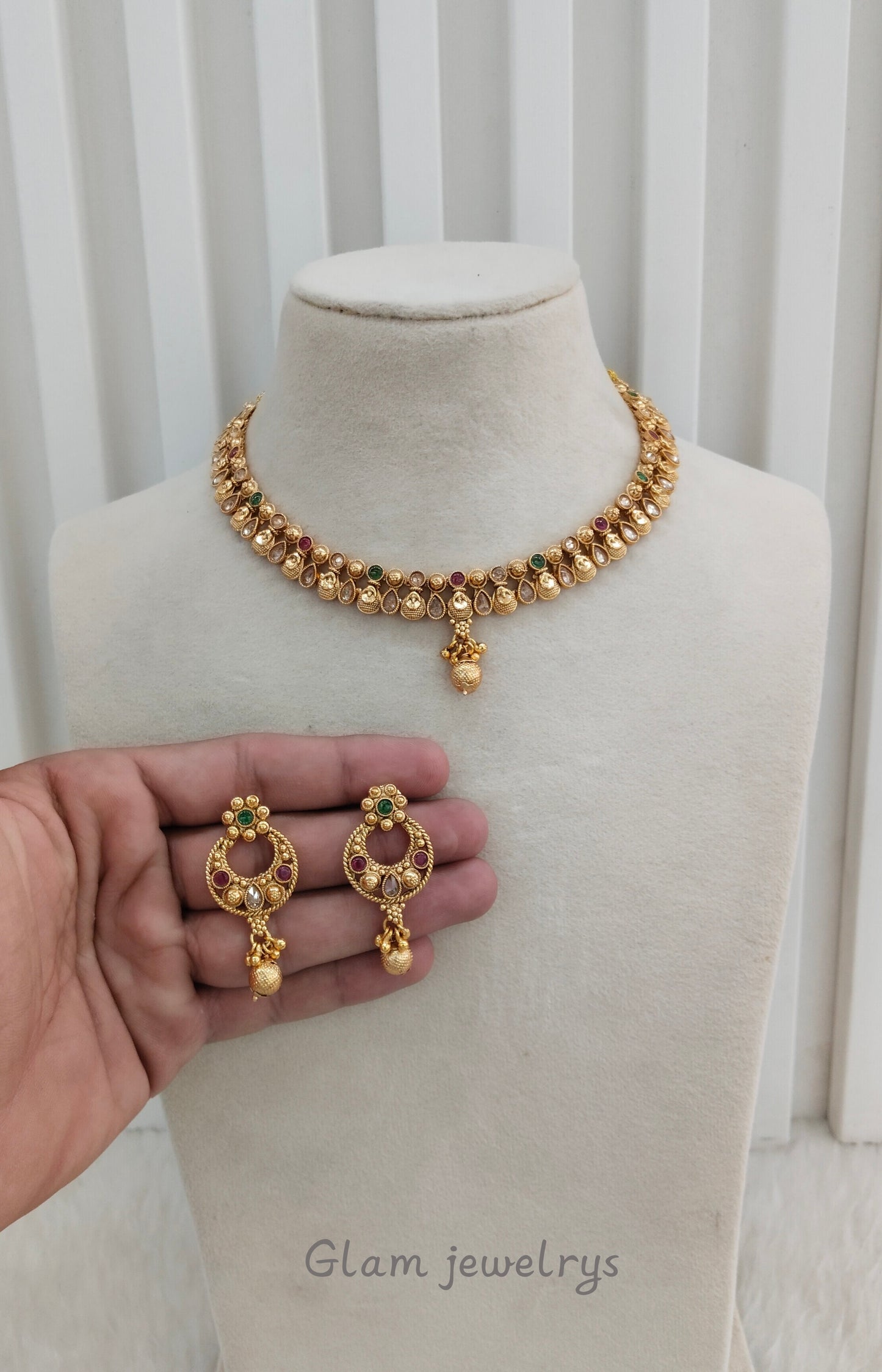 Ruby Green Gold Polki Necklace Indian Jewellery Pawan Set