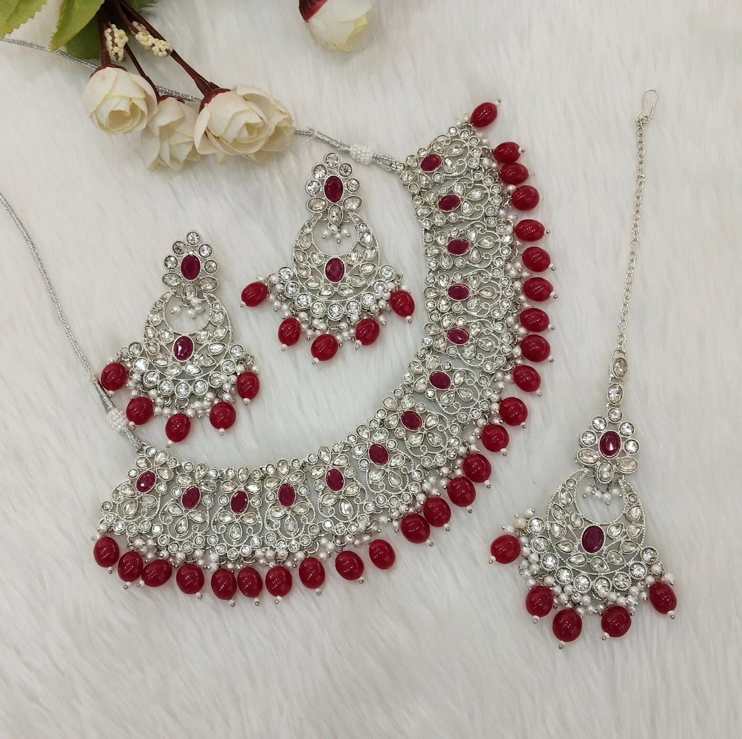 Ruby Silver Necklace Indian Bridal Jewellery liva set