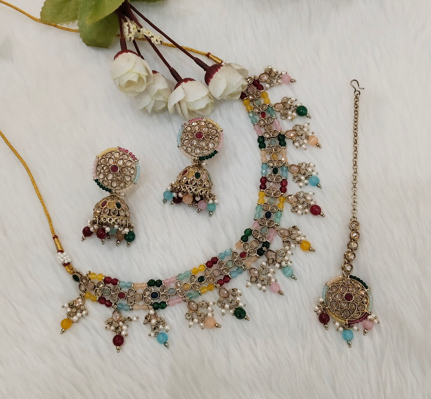 Multi Color Antique Gold Necklace Indian Jewellery Gurjot Set