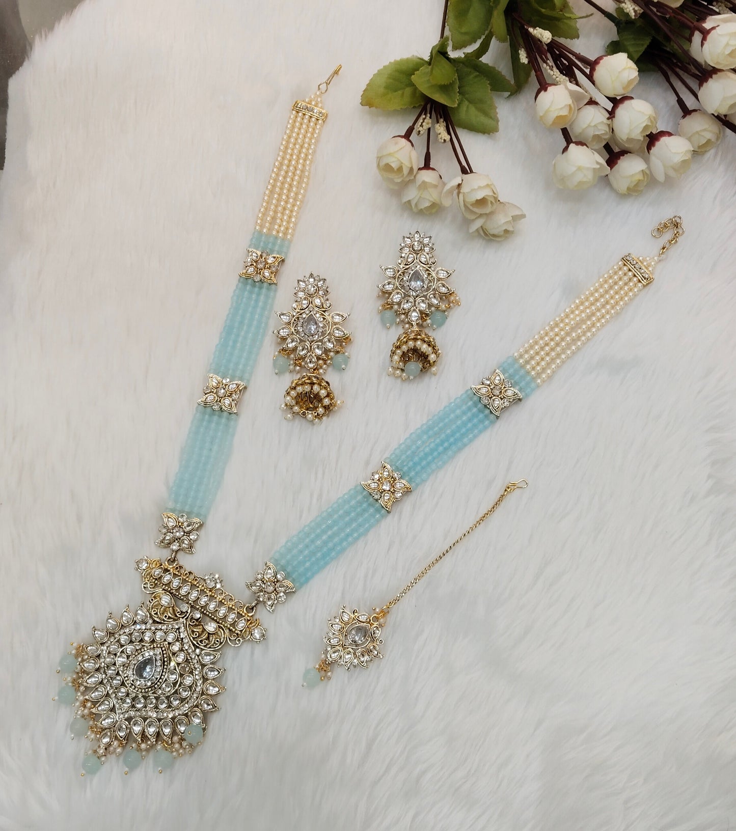 Sea Green Gold Kundan Long Rani Haar Necklace Indian Jewellery Set