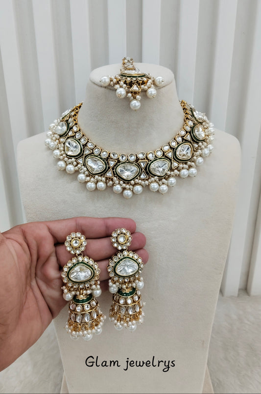 Green Kundan Necklace Indian Jewellery Heli Set