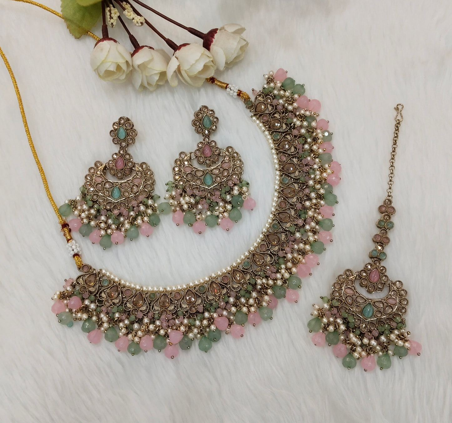 Mint Pink Antique Gold Necklace Indian Jewellery Prisha Set