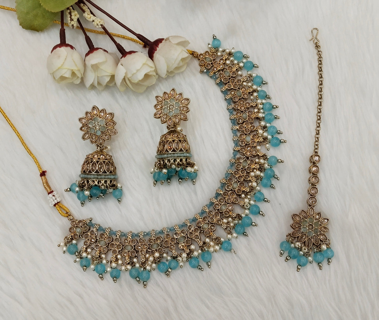 Sky Blue Antique Gold Necklace Indian Jewellery Gurjot Set