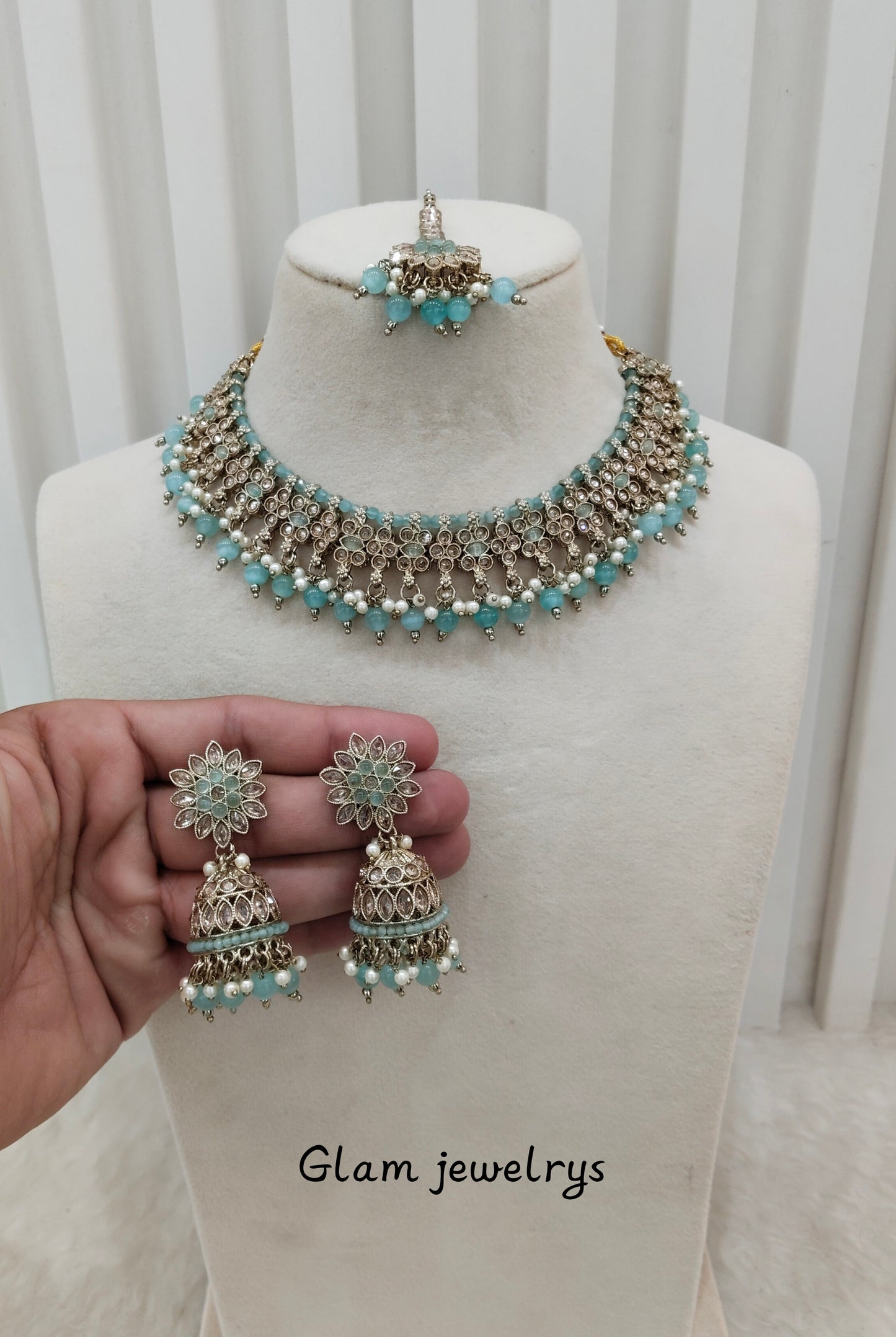 Sea Green Antique Gold Necklace Indian Jewellery Gurjot Set